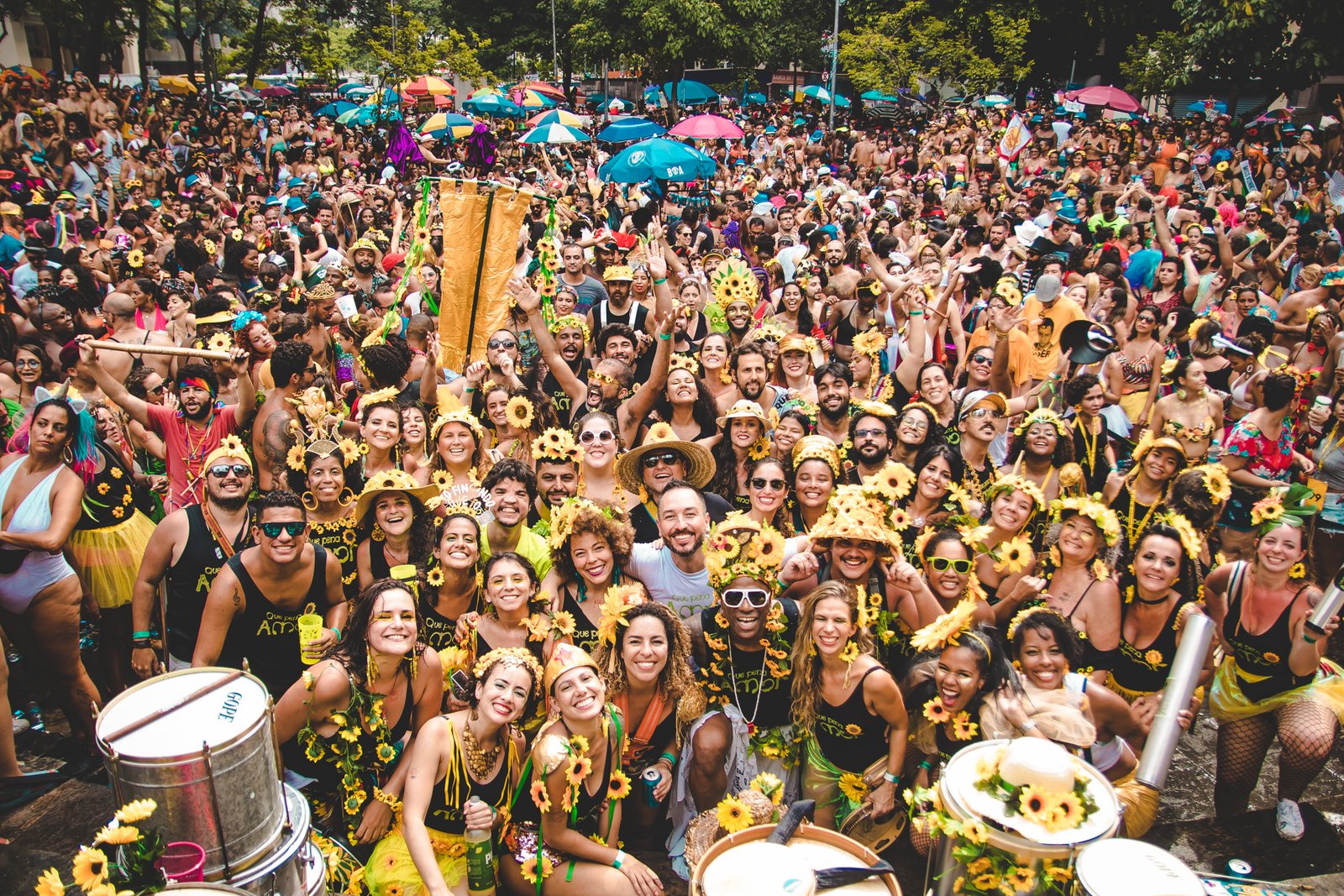 Where would you find a crowd of revelers in Brazil, vibrant with glitter, costumes, and samba rhythms, celebrating in February heat? (image credits: wikimedia)